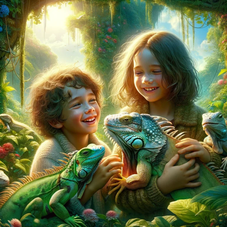 DALL·E 2024-02-26 19.19.06 - Imagine a high-definition photograph capturing a heartwarming scene of children showing love and affection towards their pet iguana and other reptiles