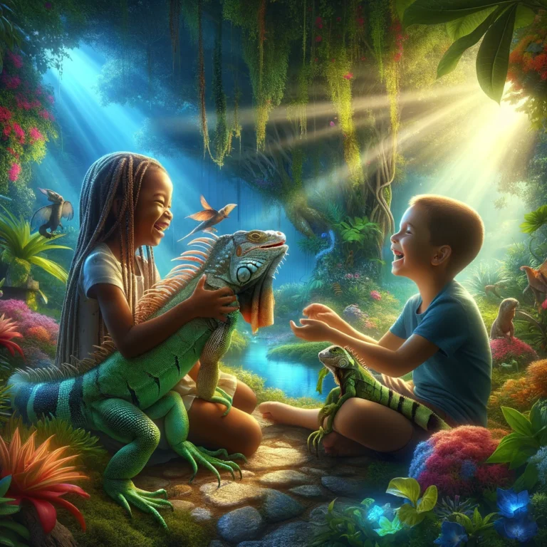 DALL·E 2024-02-26 19.20.30 - Visualize a similar high-definition scene where children are engaging lovingly with their pet reptiles, including an iguana, in an outdoor setting. Th