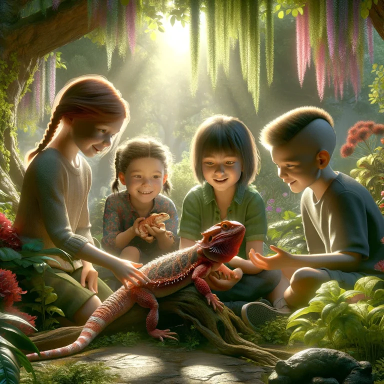 DALL·E 2024-02-26 19.21.46 - Craft a high-definition scene capturing a tender moment between children and their pet reptiles, this time focusing on a red bearded dragon as the cen