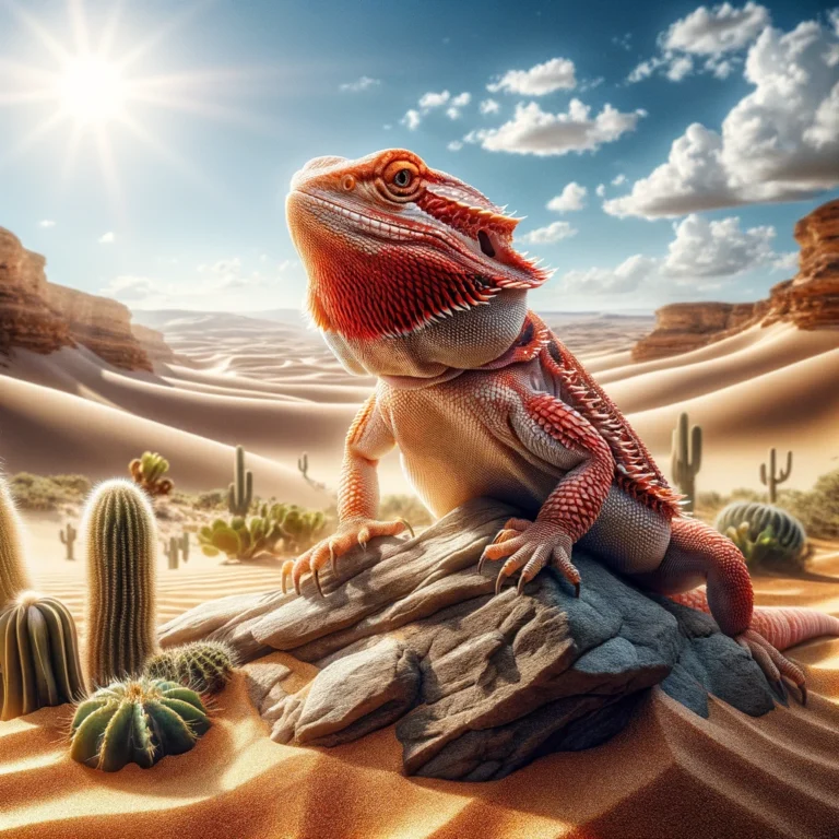 DALL·E 2024-02-26 19.26.30 - Create a high-definition image focusing solely on a red bearded dragon in its natural environment. The scene is set in a detailed, realistic desert la